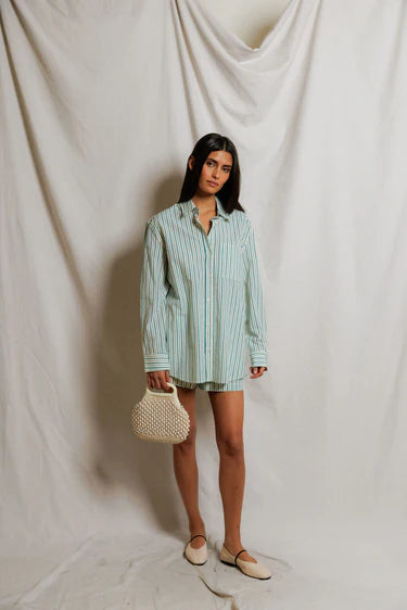 Poplin Button Down Shirt Teal Blue Sugar Stripe