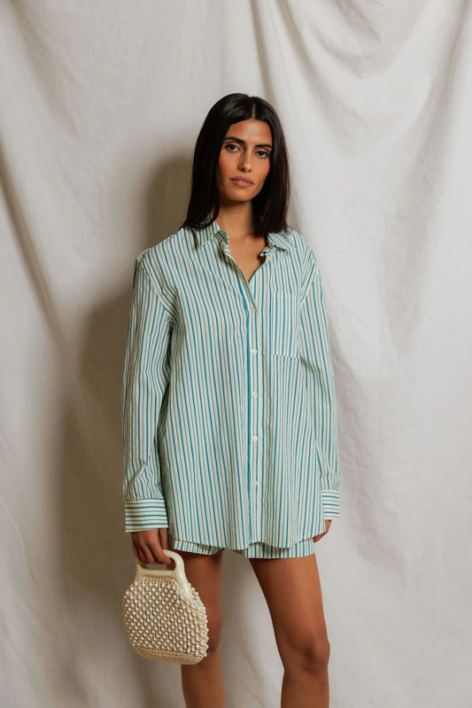 Poplin Button Down Shirt Teal Blue Sugar Stripe