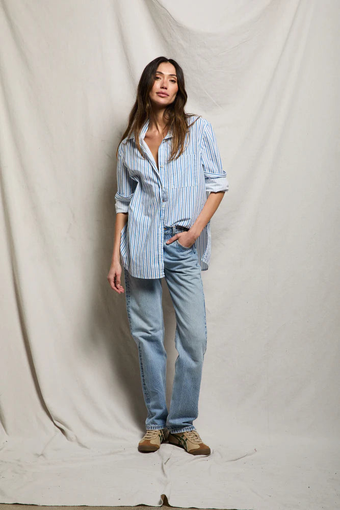 Poplin Button Down Shirt Pacific Blue Stripe