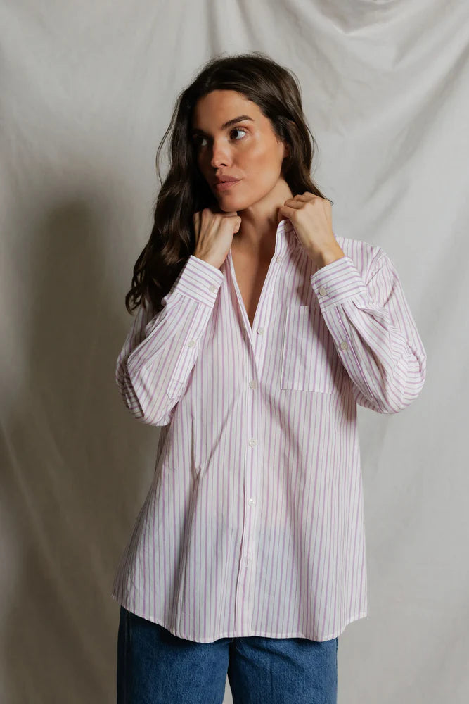 Poplin Button Down Shirt Ultraviolet White Stripe