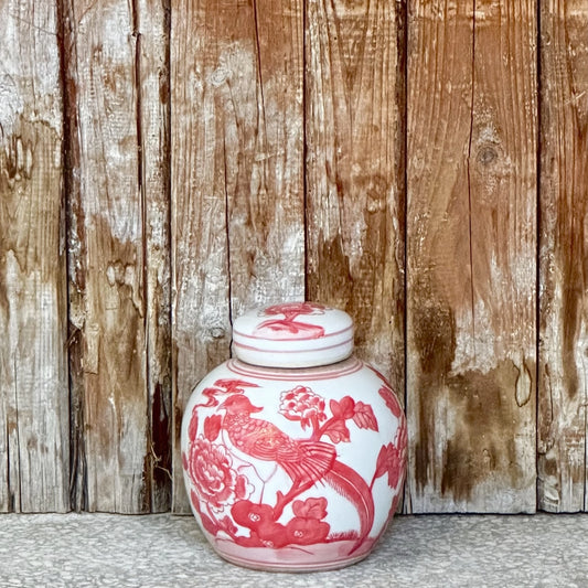 Red and White Porcelain Pheasant Round Storage Jar