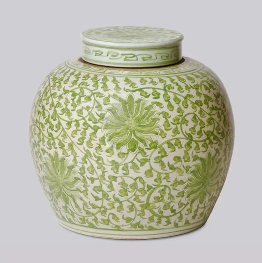 Scrolling Lotus Green and White Porcelain Jar