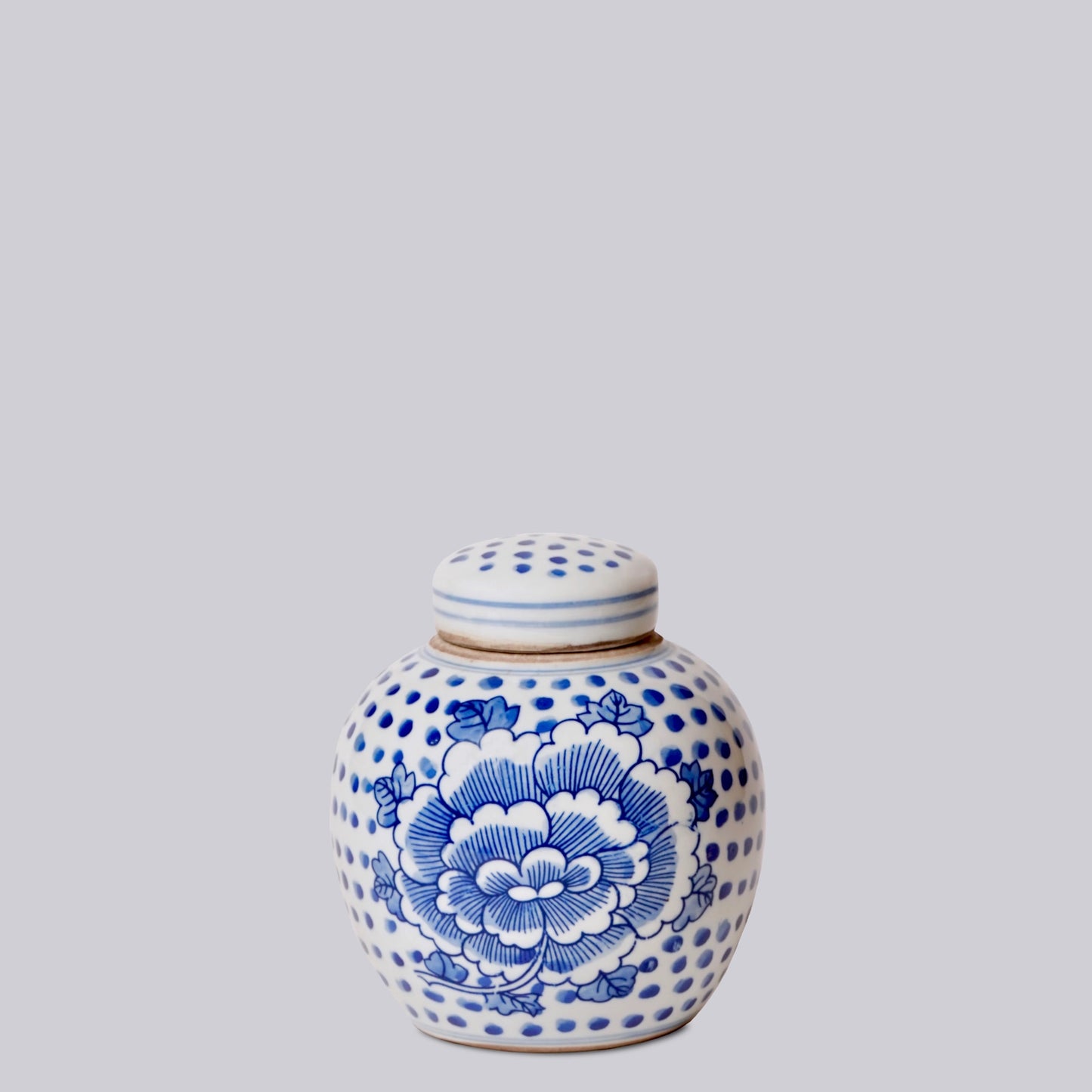 Blue and White Porcelain Peony Polka Dot Round Storage Jar