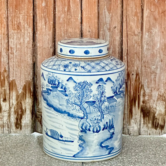 Willow Ware-Inspired Blue and White Porcelain Canister