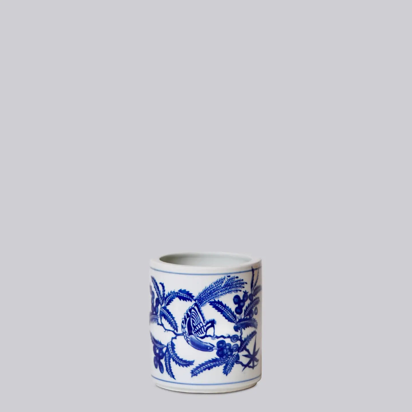 Tiny BW Porcelain Bird & Flower Cachepot