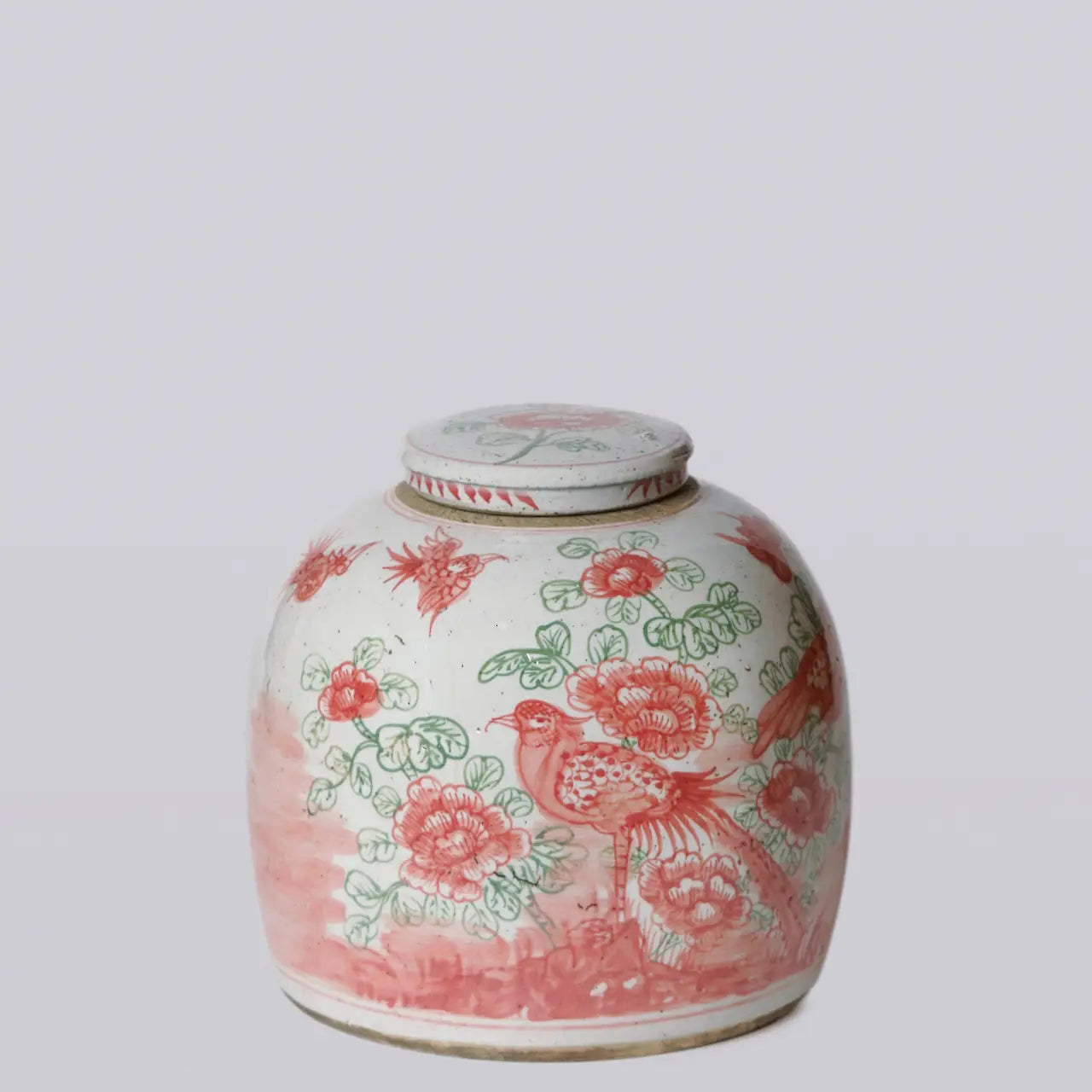 Pink & Green Porcelain Rustic Bird & Flower Lidded Jar