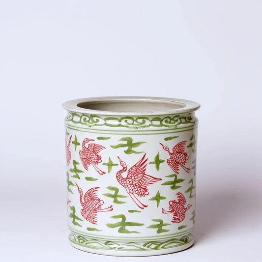 Cranes and Clouds Pink and Green Porcelain Cachepot