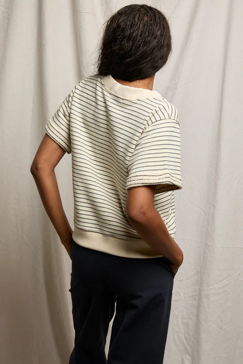 French Terry Stripe SS Crew Sweatshirt Natural & Charcoal Stripe