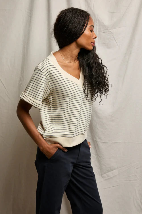 French Terry Stripe SS Crew Sweatshirt Natural & Charcoal Stripe
