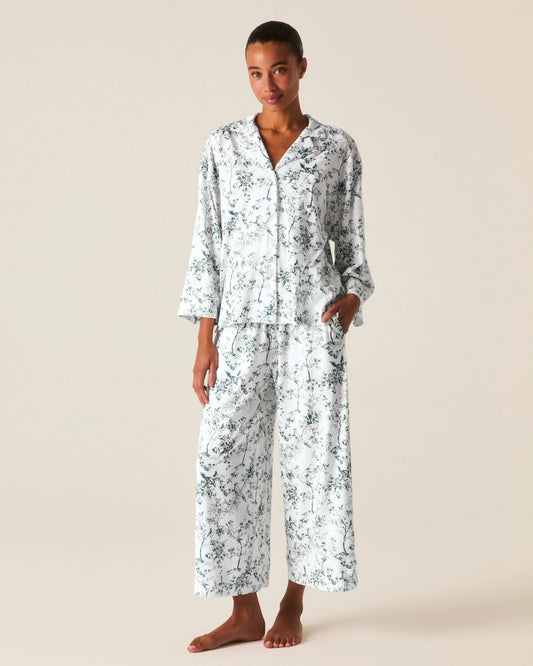 The Olivia Wide Leg Pima Pajama Set in Evergreen Timeless Toile