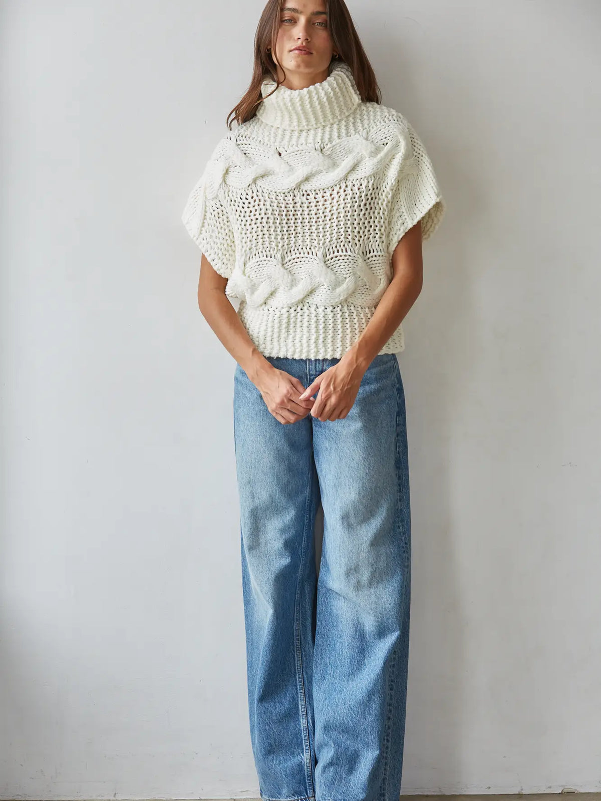 Knit Sweater Cable Knit Turtle Neck Sleeveless Top Ivory