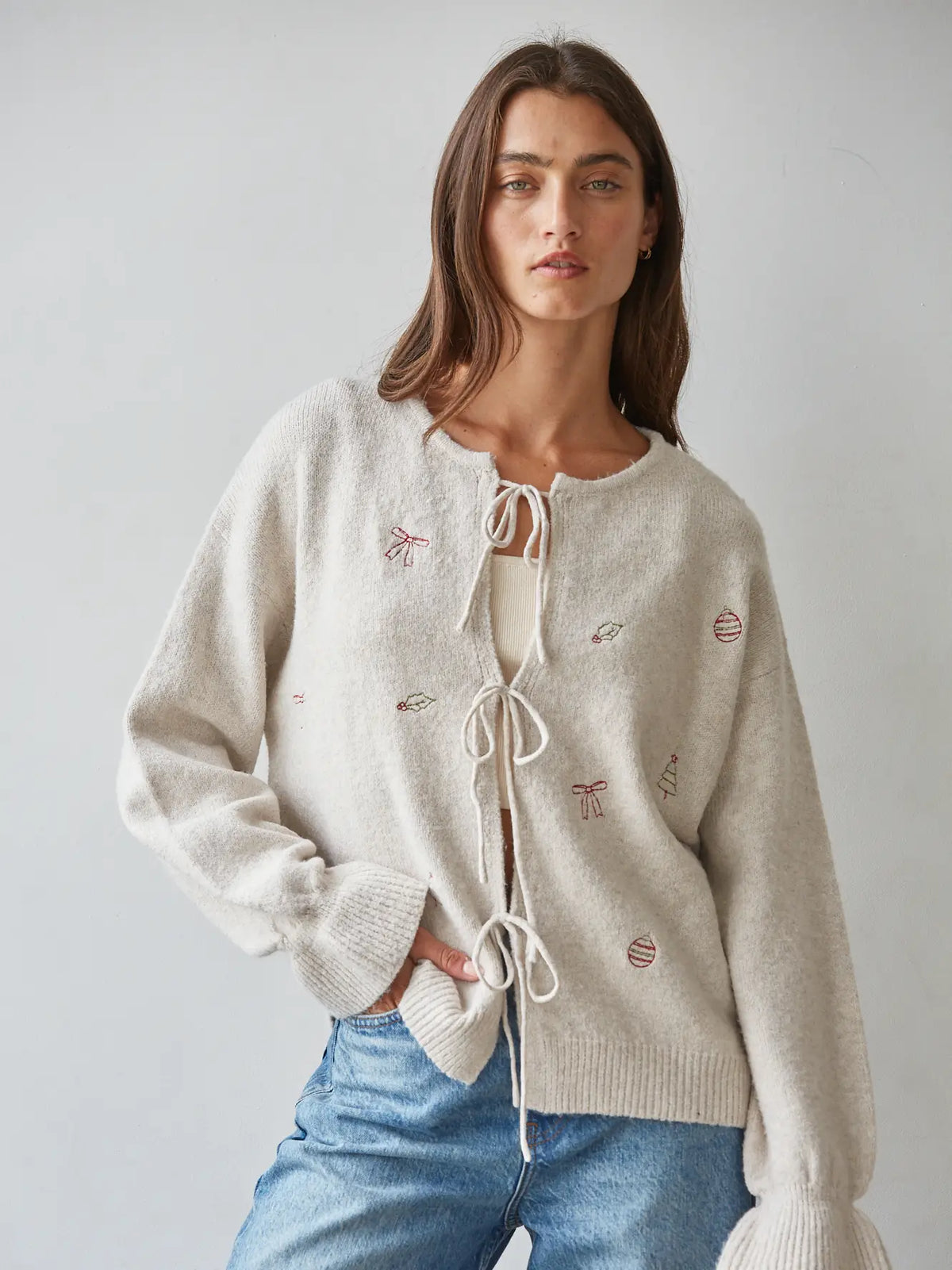 Knit Cardigan with Front Tie Straps and Embroidery Natural Red