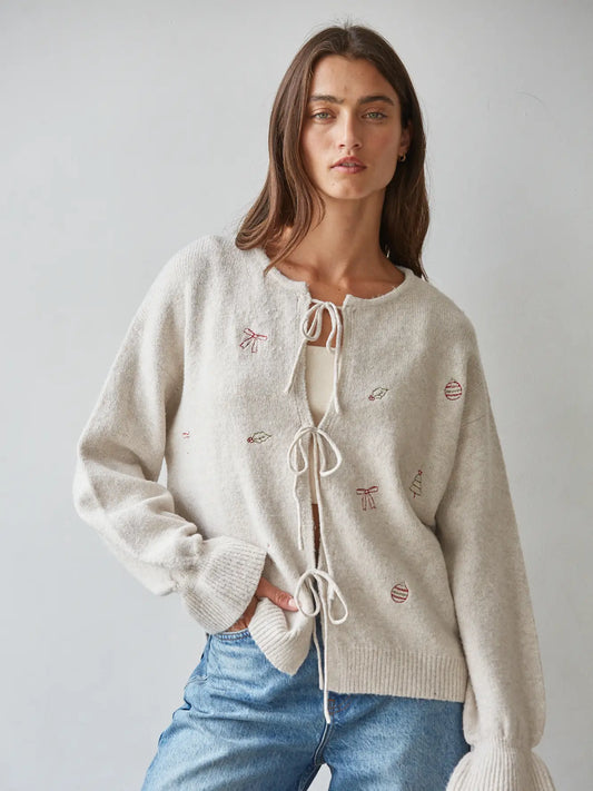 Knit Cardigan with Front Tie Straps and Embroidery Natural Red
