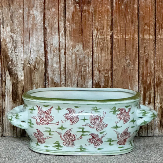 Large Pink and Green Crane and Cloud Porcelain Oval Compote