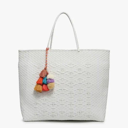 Allie Xl Woven Tote w/ Pom-Poms Diamond White