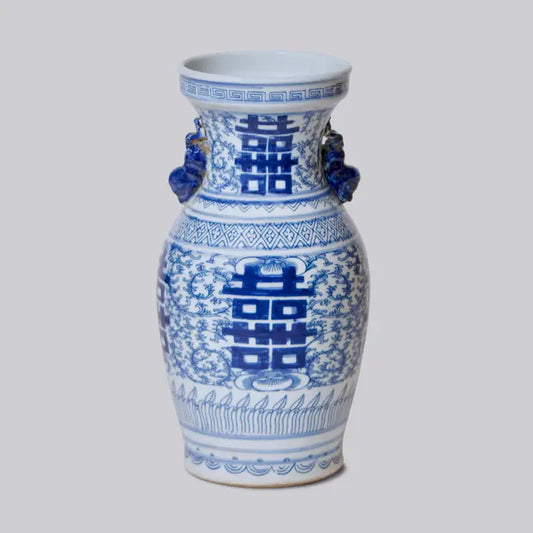 Double Happiness Blue & White Small Lug Vase