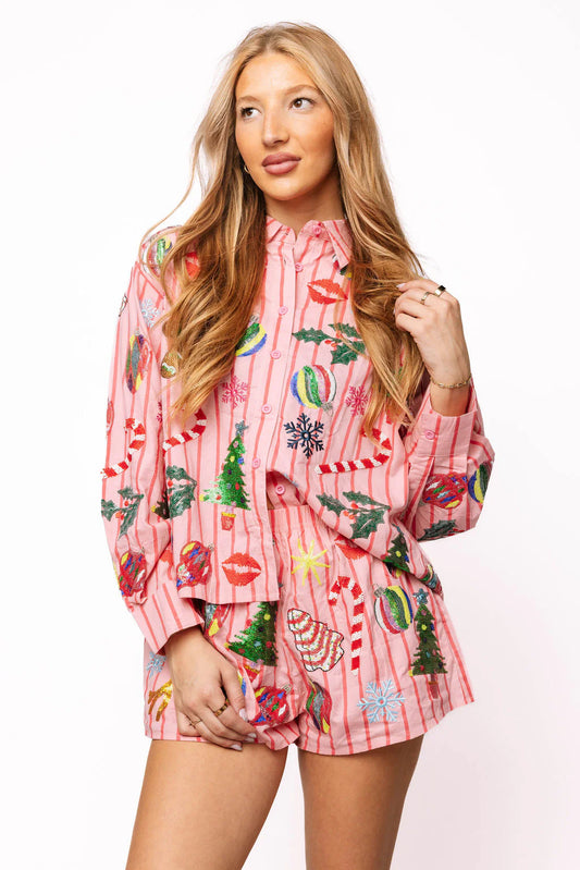 Light Pink & Red Stripe Christmas Icons Button Up Top