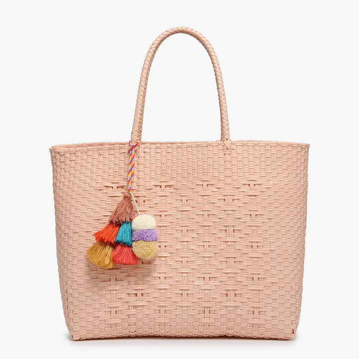 Allie Xl Woven Tote w/ Pom-Poms Diamond Dark Pink
