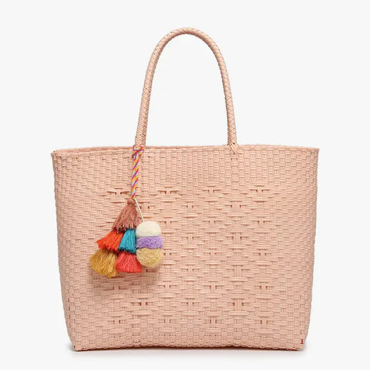 Allie Xl Woven Tote w/ Pom-Poms Diamond Dark Pink