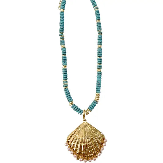Sunlee Turquoise Beaded Necklace with Shell Pendant