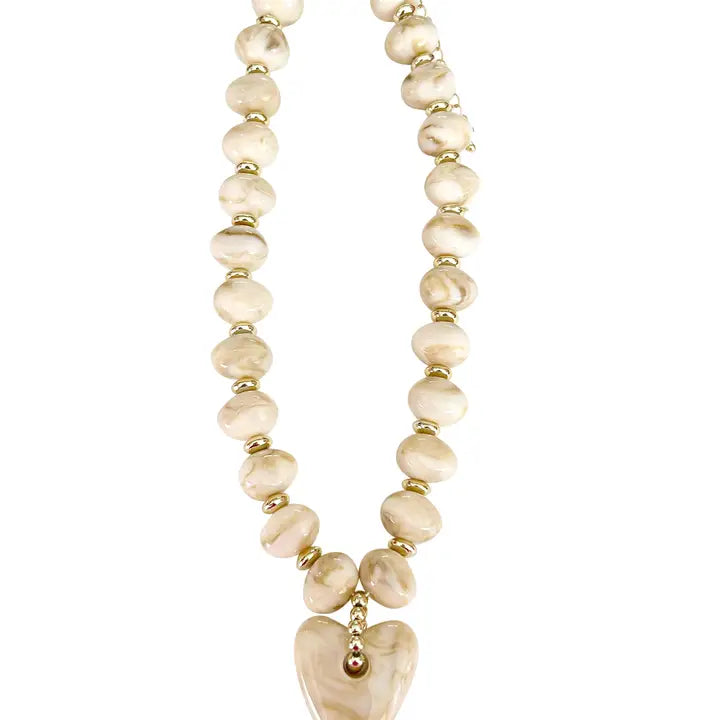 Athens Cream Beaded Necklace with Heart Charm