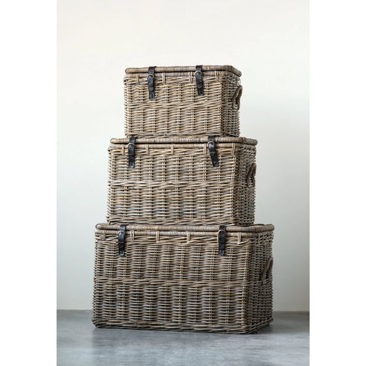 Basket with Lids and Leather Buckles