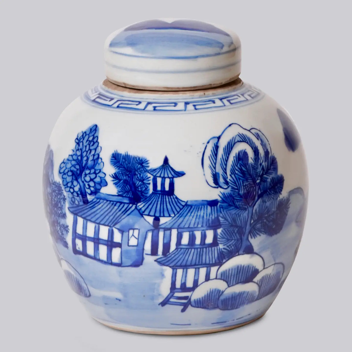 Blue and White Porcelain Landscape Round Storage Jar
