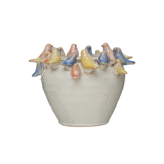 Stoneware Planter with Birds on Rim 7"