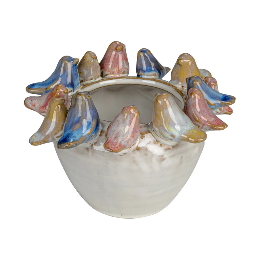 5" Round x 3-1/4"H Stoneware Planter w Birds on Rim