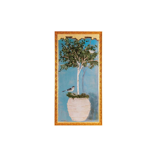 Hand-Painted Wood Framed Canvas Wall Décor w/ Bird & Tree in Pot Image, Antique Gold Finish
