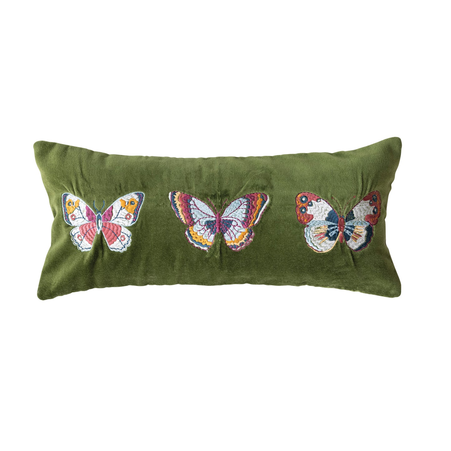 Cotton Velvet Lumbar Pillow w Embroidered Butterflies & Chambray Back