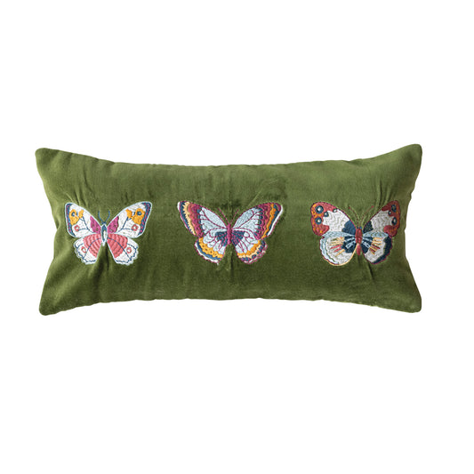 Cotton Velvet Lumbar Pillow w Embroidered Butterflies & Chambray Back