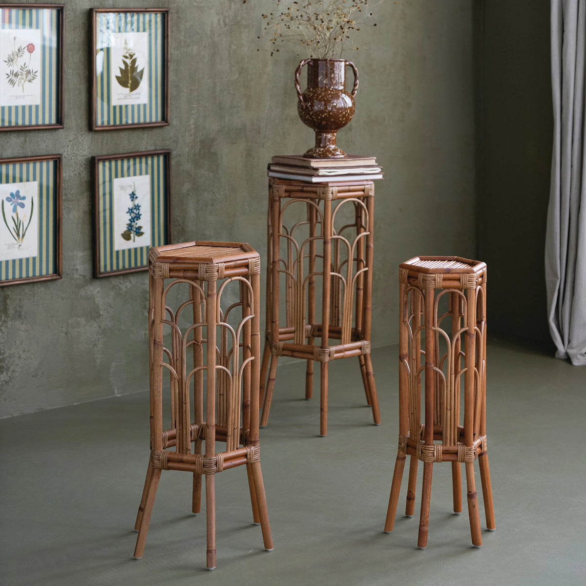 Hexagon Shaped Rattan Table Plant Stands with Shelf