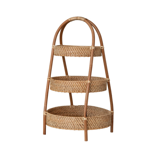 Hand-Woven Rattan & Bamboo 3-Tier Tray w Handle Natural