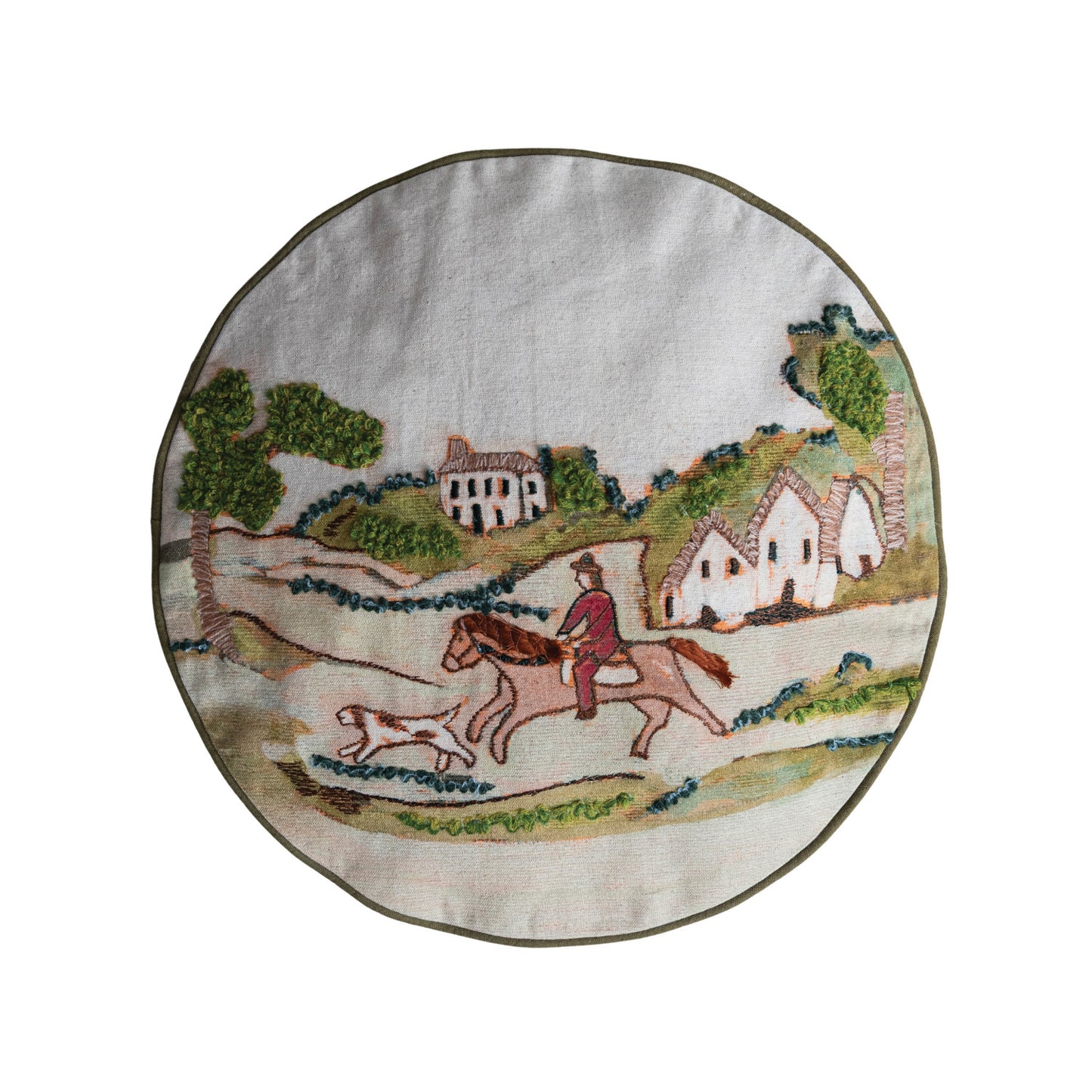Cotton & Linen Pillow with Countryside Hunting Scene Mini PomPom Trim