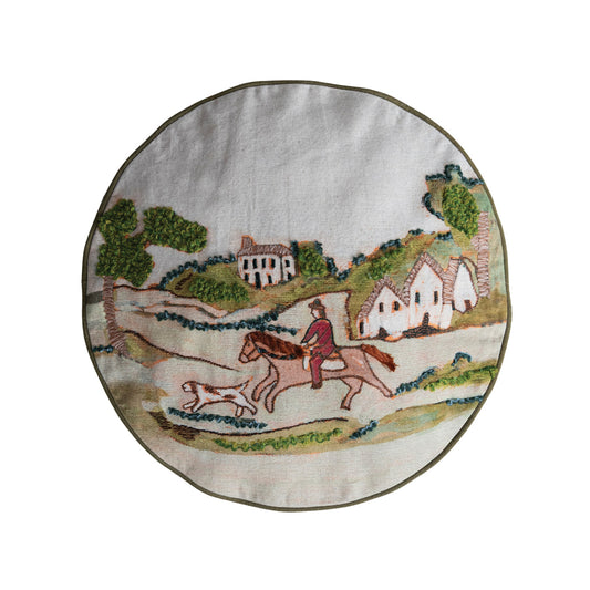 Cotton & Linen Pillow with Countryside Hunting Scene Mini PomPom Trim