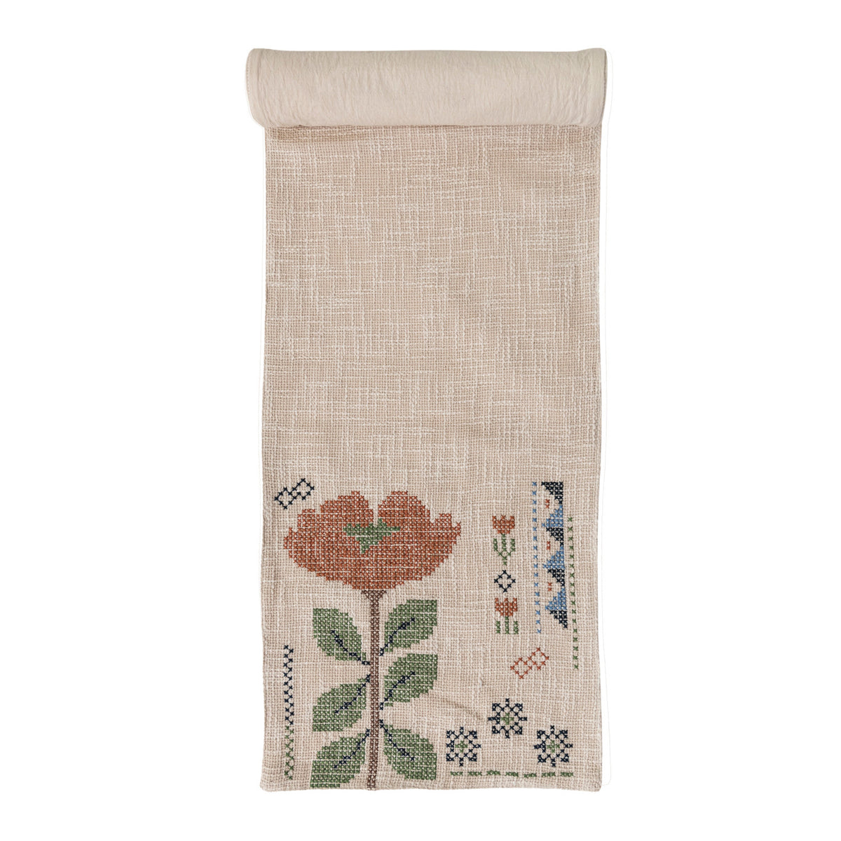 Cotton Slub Table Runner with Embroidered Flowers