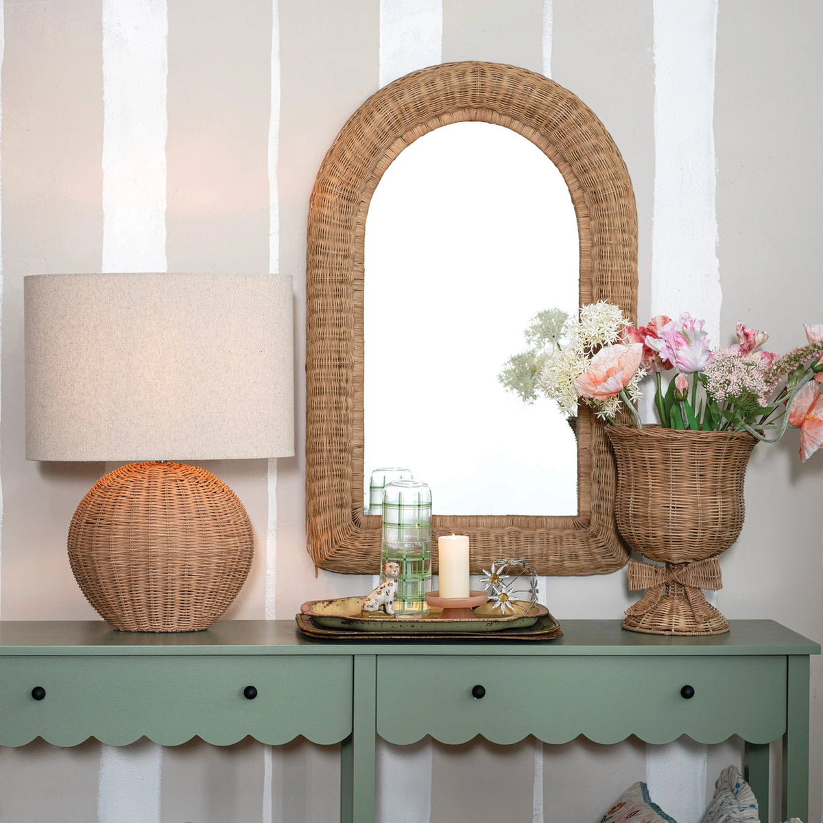 Hand-Woven Rattan Framed Arched Wall Mirror