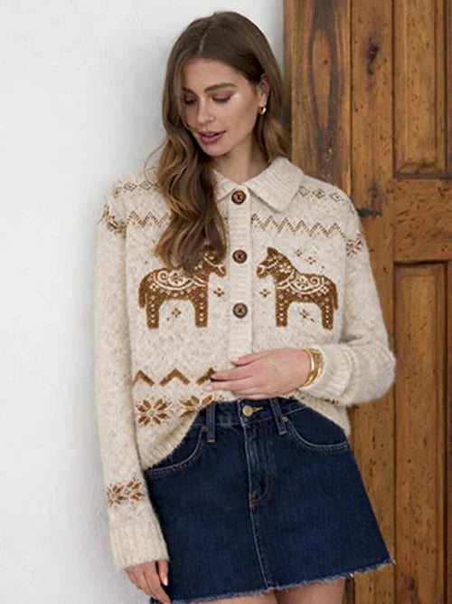Nordic Pony Button Down Sweater Cardigan Cream Multi