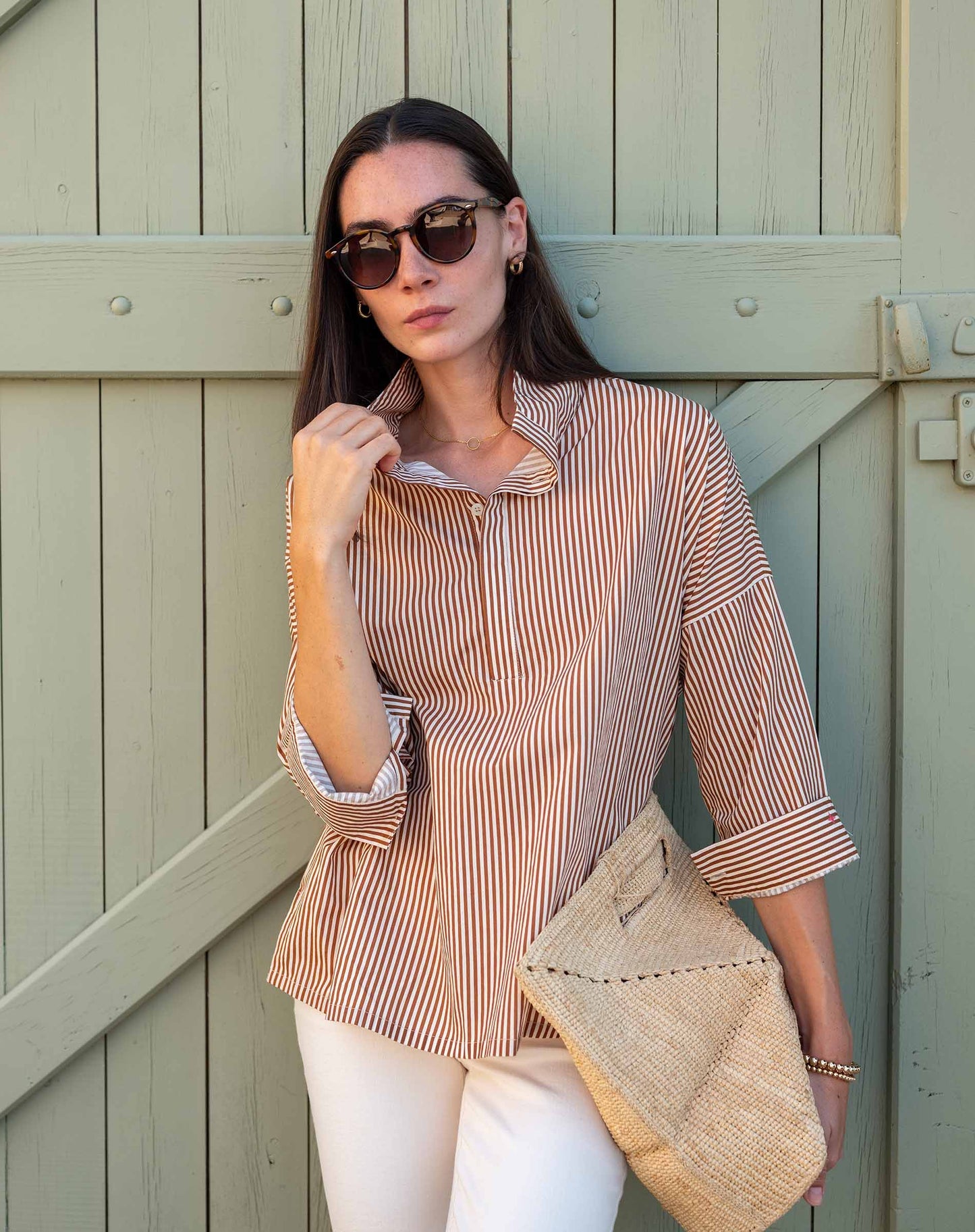 Emerson Pop Up Collar Top Cafe Stripe