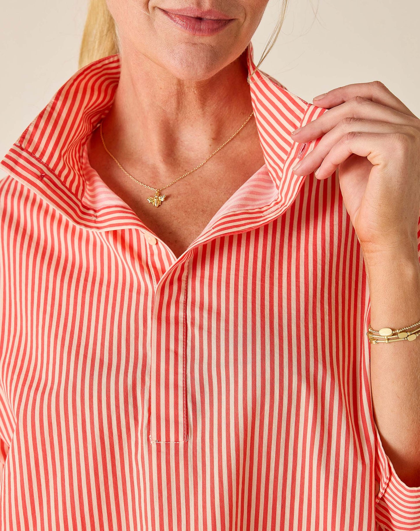 Emerson Pop Up Collar Top Coral Rose Stripe