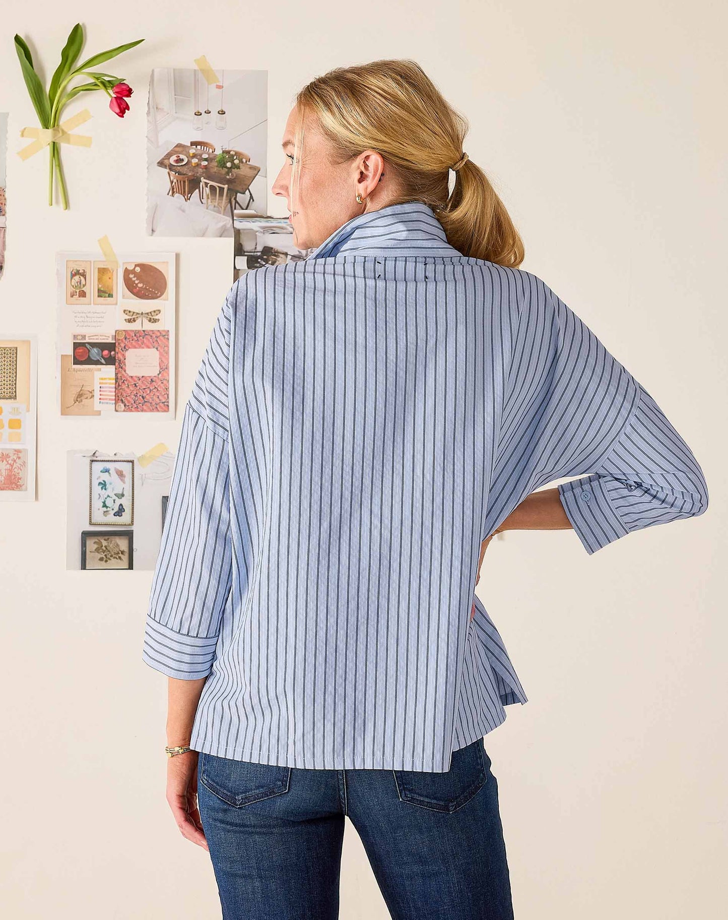 Emerson Pop Up Collar Top Sky Blue Stripe