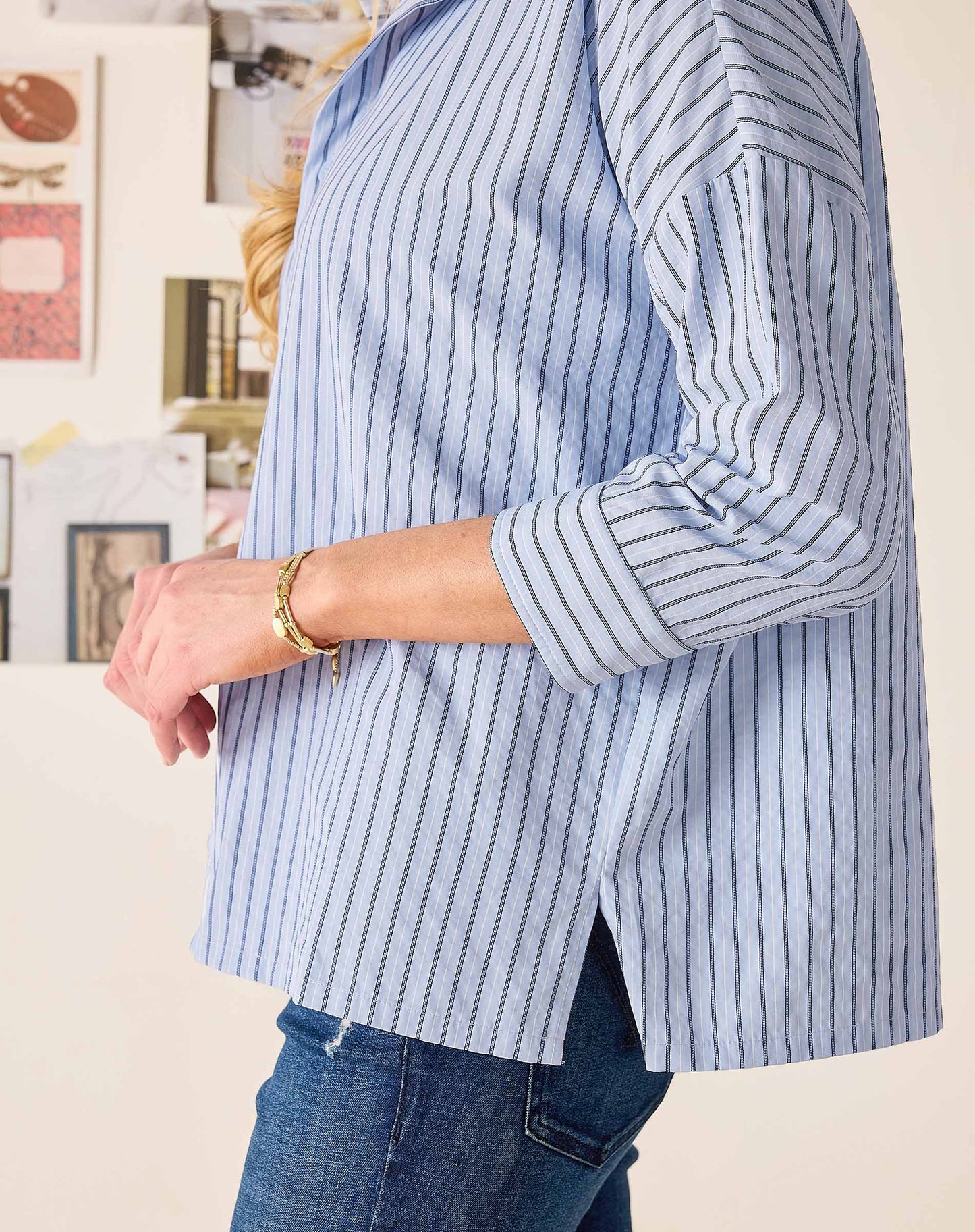 Emerson Pop Up Collar Top Sky Blue Stripe