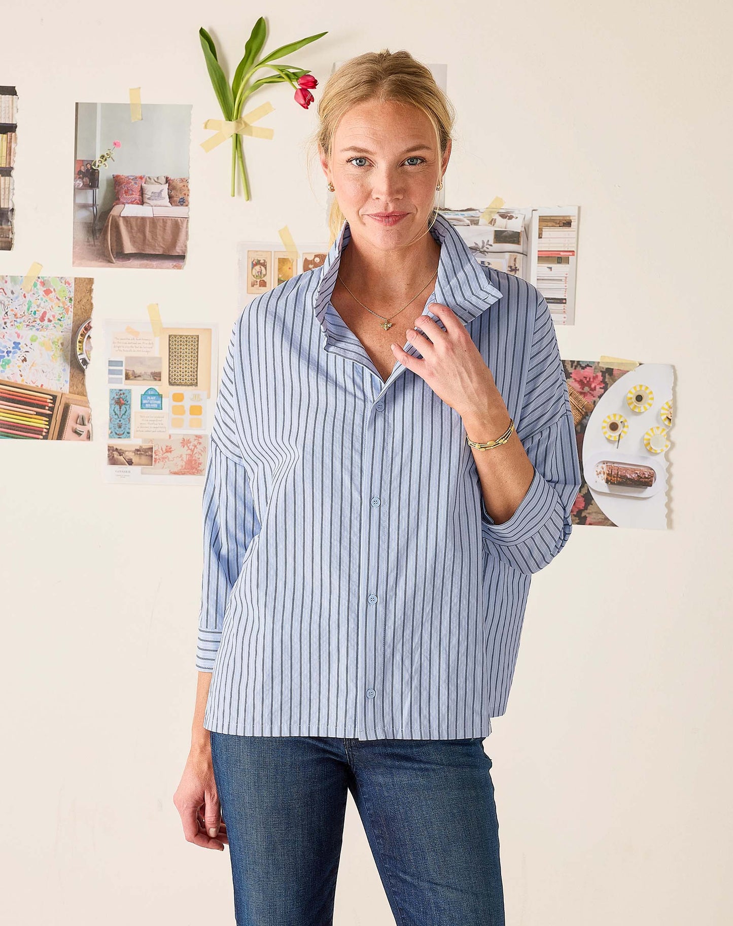 Emerson Pop Up Collar Top Sky Blue Stripe