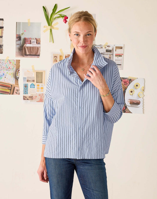 Emerson Pop Up Collar Top Sky Blue Stripe