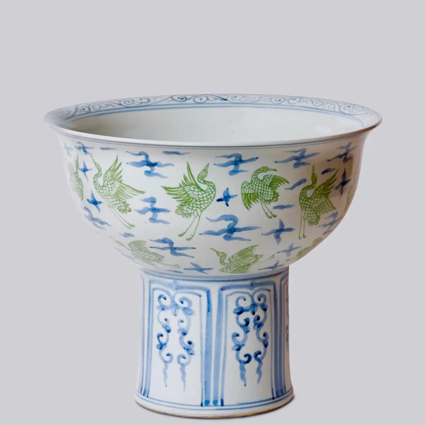 Green and Blue Porcelain Crane and Clouds Large Footed Bowl