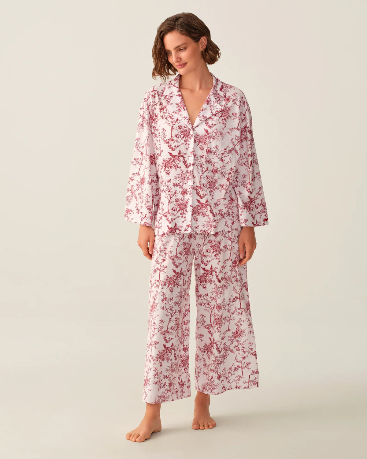 The Olivia Wide Leg Pima Pajama Set in Red Timeless Toile