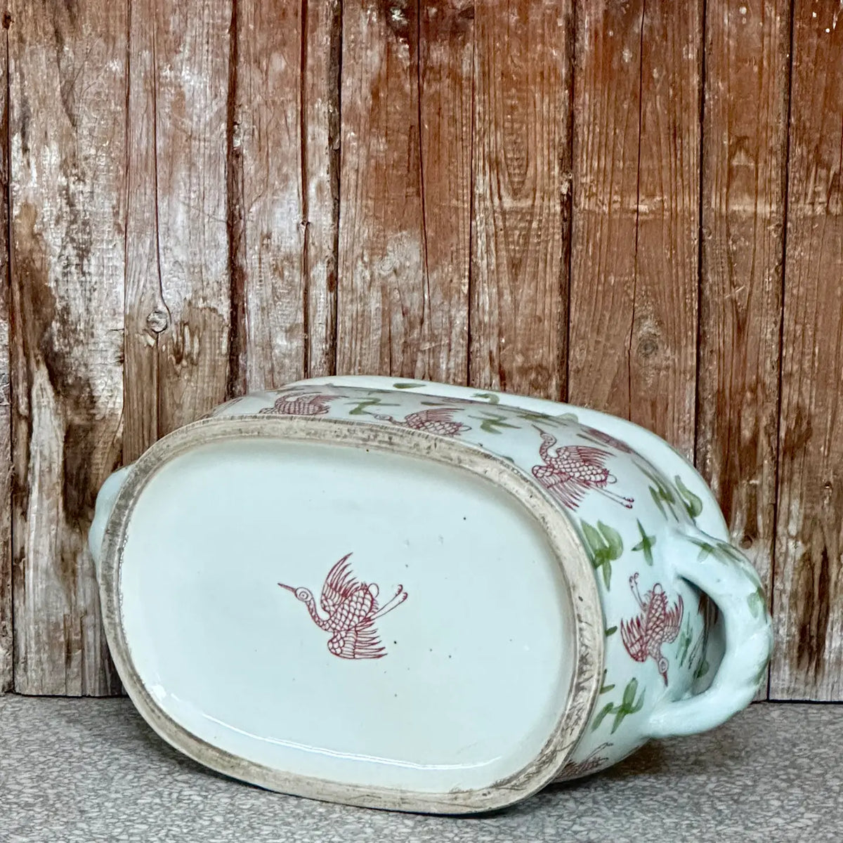 Large Pink and Green Crane and Cloud Porcelain Oval Compote