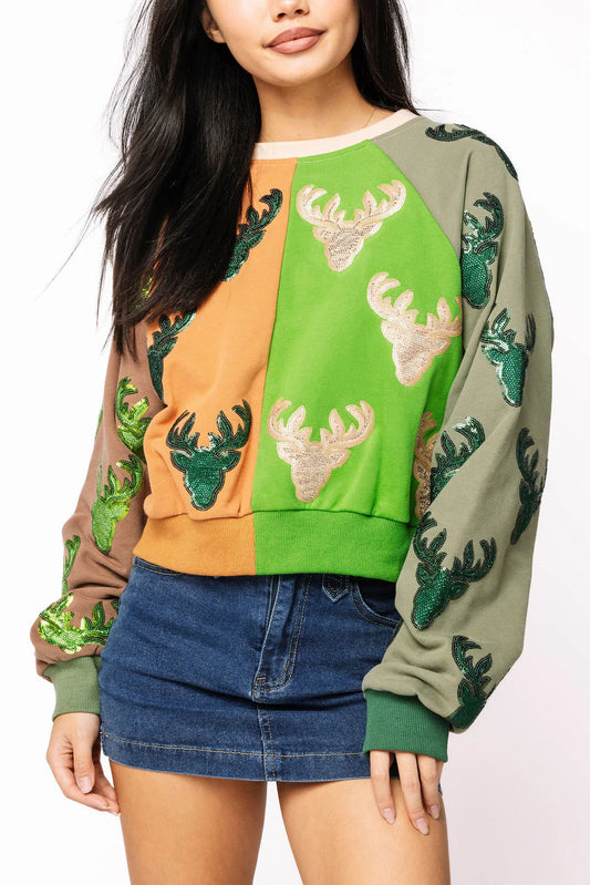 Colorblock Deer Print Sweatshirt
