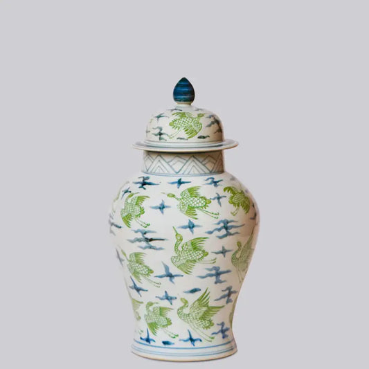 Flying Cranes Green and Blue Porcelain Temple Jar